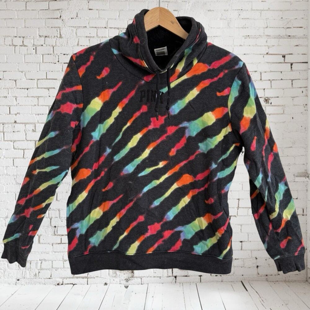 Victoria's Secret Pink Sweatshirt Sz XS 22"Bust Black Sherpa Lined Rainbow Zebra